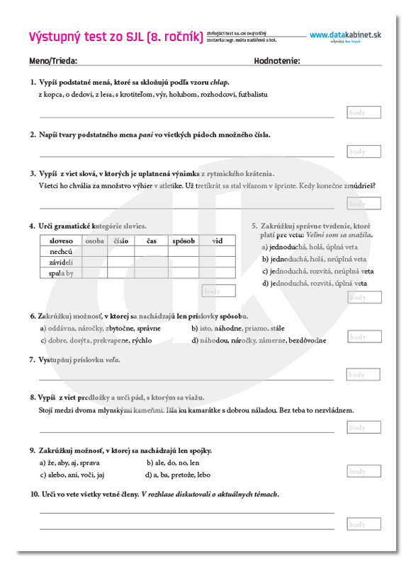 Vstupny test zo slovenciny pre 4 rocnik